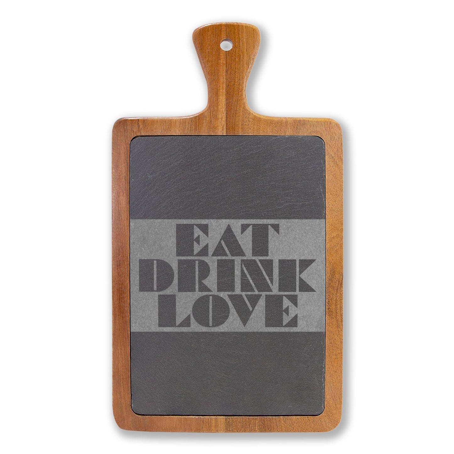 EAT DRINK LOVE Slate & Wood Charcuterie Board | Geometric Typography | Modern Kitchen Gift | CTEKDESIGNS