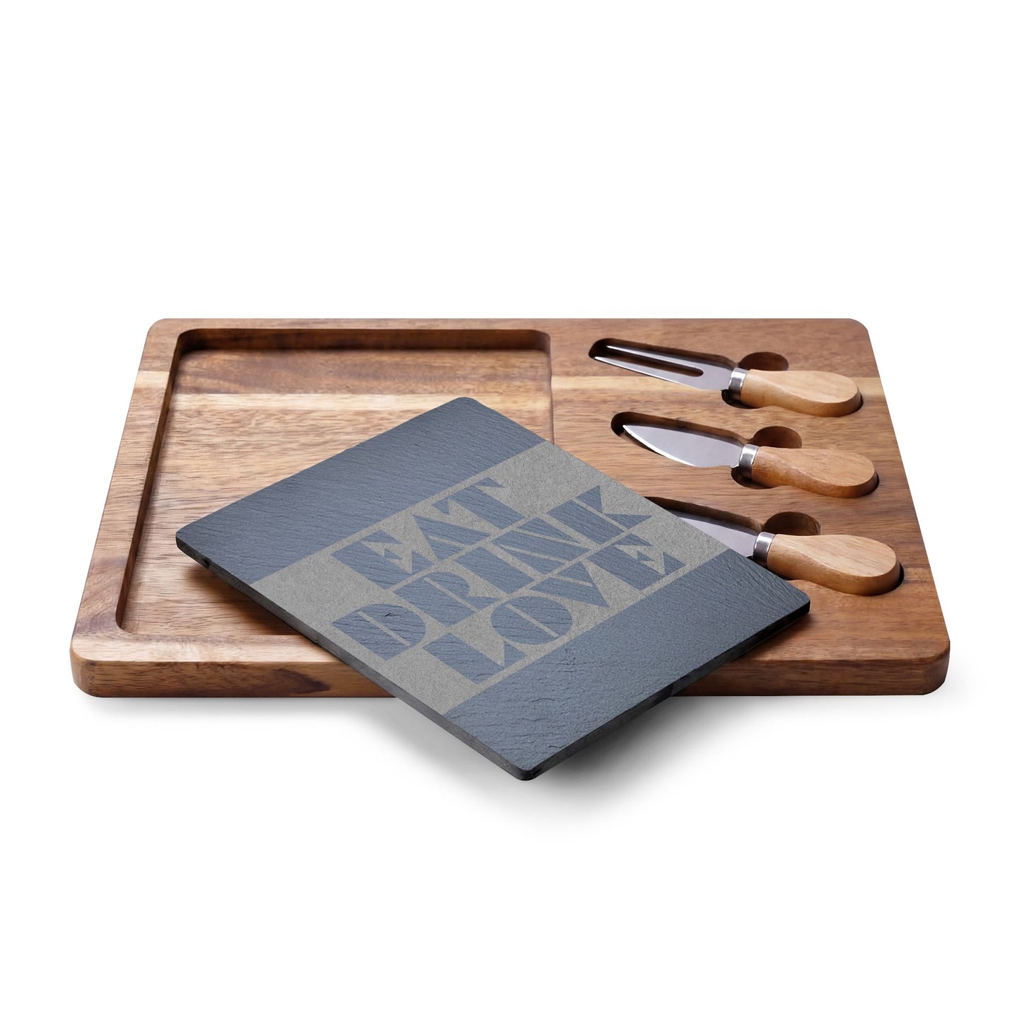 EAT DRINK LOVE Slate & Wood Charcuterie Board | Geometric Typography | Modern Kitchen Gift | CTEKDESIGNS