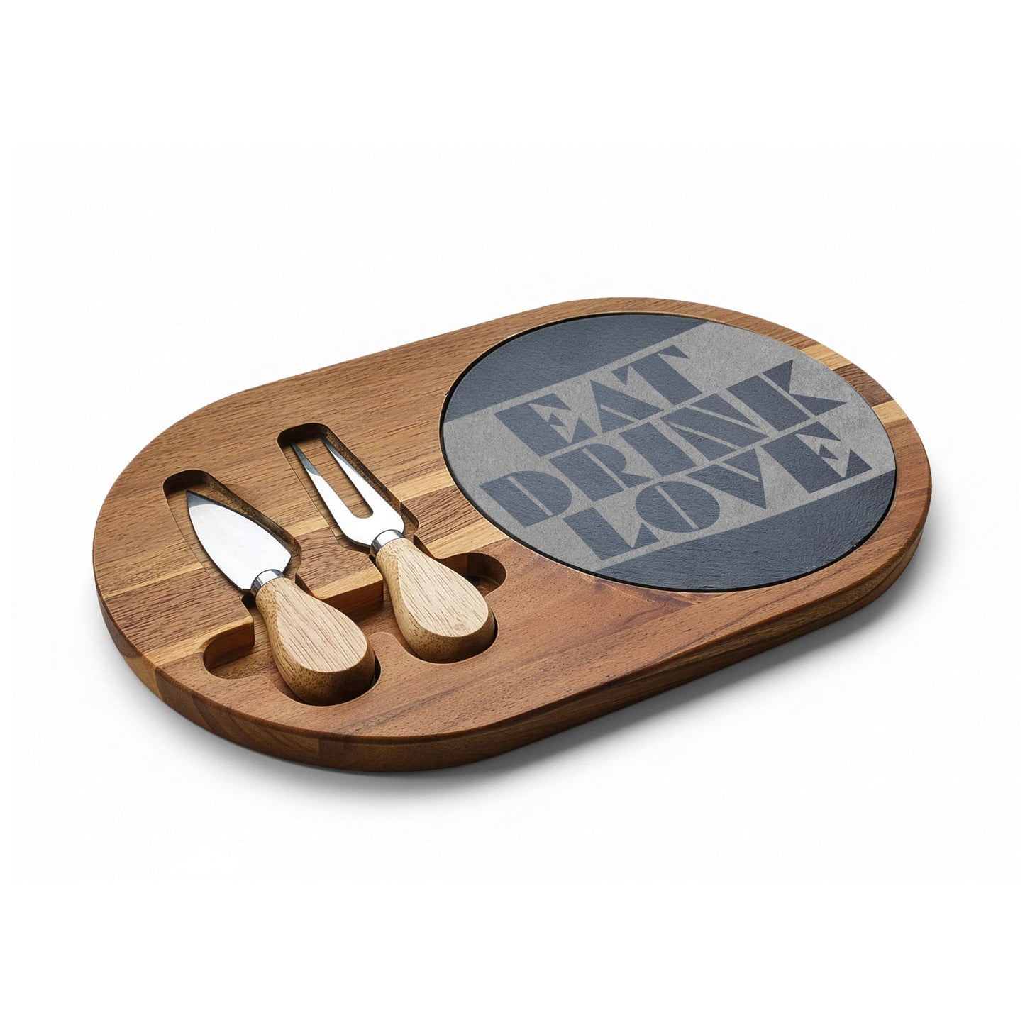 EAT DRINK LOVE Slate & Wood Charcuterie Board | Geometric Typography | Modern Kitchen Gift | CTEKDESIGNS