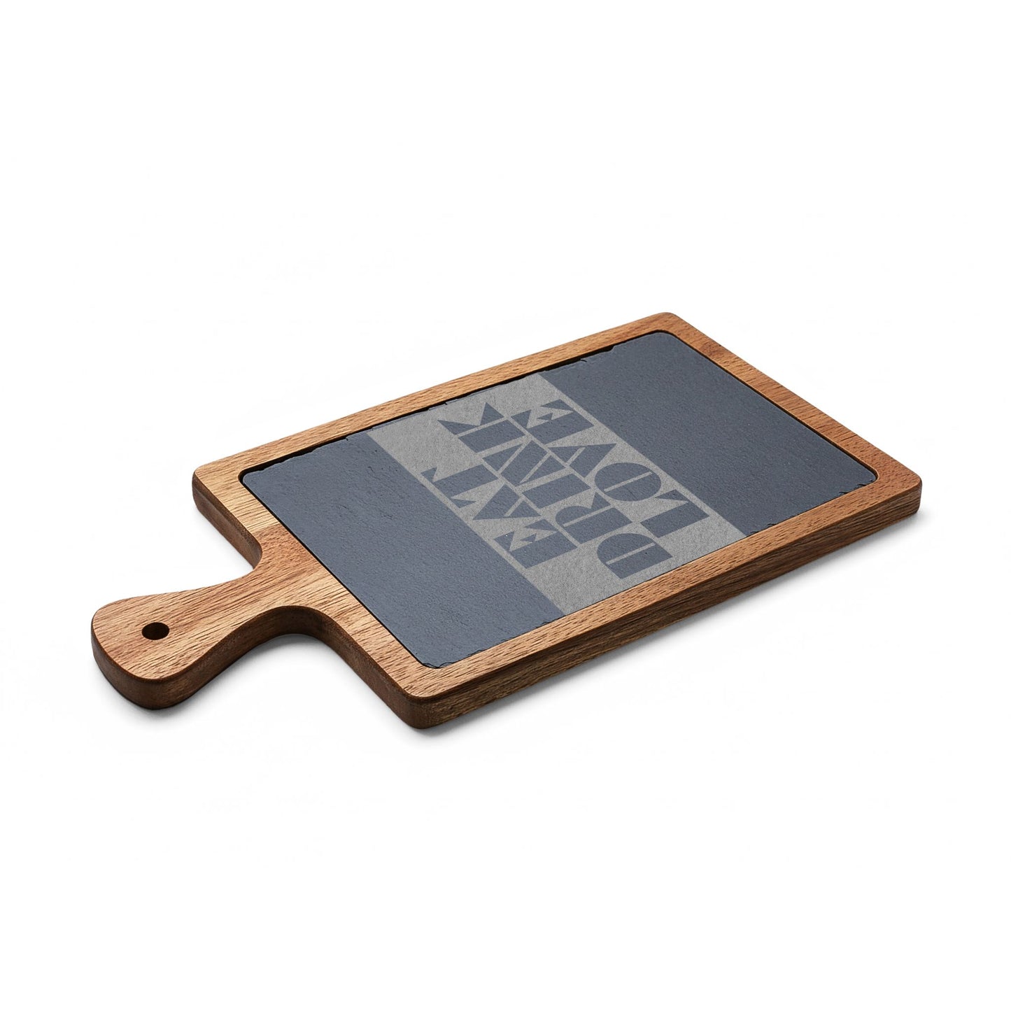 EAT DRINK LOVE Slate & Wood Charcuterie Board | Geometric Typography | Modern Kitchen Gift | CTEKDESIGNS