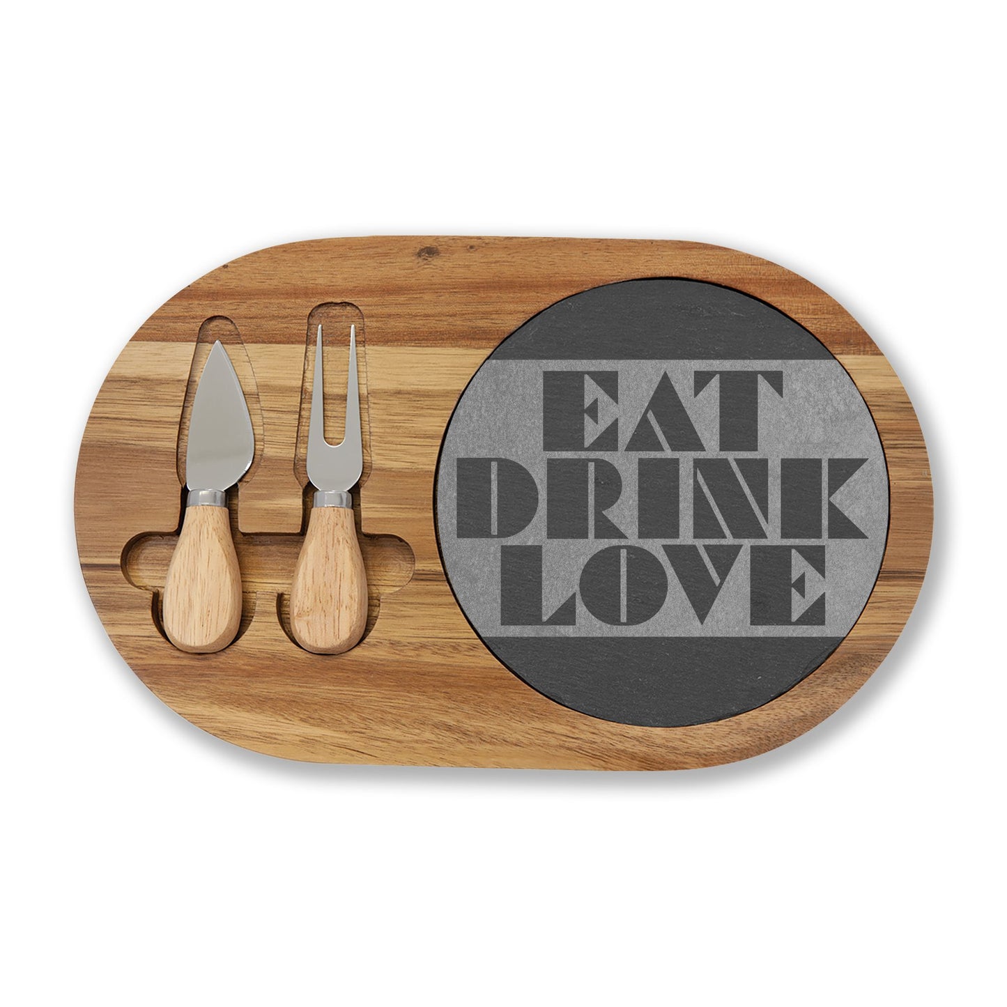 EAT DRINK LOVE Slate & Wood Charcuterie Board | Geometric Typography | Modern Kitchen Gift | CTEKDESIGNS