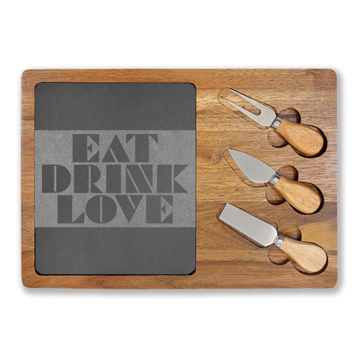 EAT DRINK LOVE Slate & Wood Charcuterie Board | Geometric Typography | Modern Kitchen Gift | CTEKDESIGNS