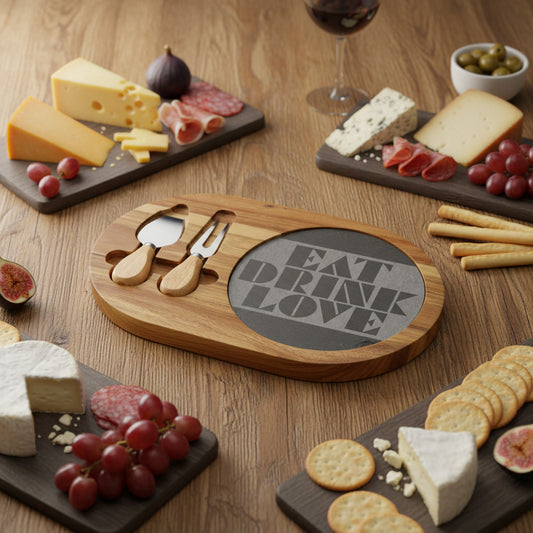 EAT DRINK LOVE Slate & Wood Charcuterie Board | Geometric Typography | Modern Kitchen Gift