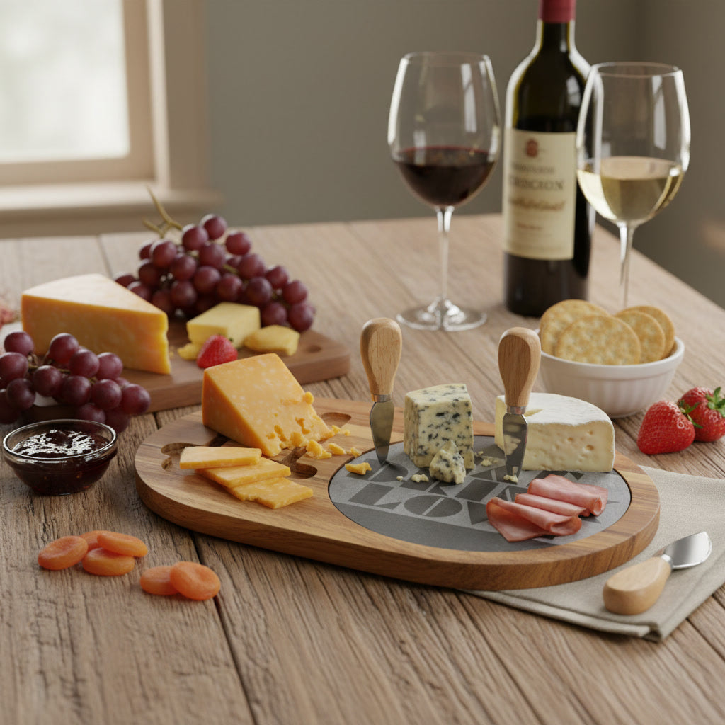 EAT DRINK LOVE Slate & Wood Charcuterie Board | Geometric Typography | Modern Kitchen Gift | CTEKDESIGNS