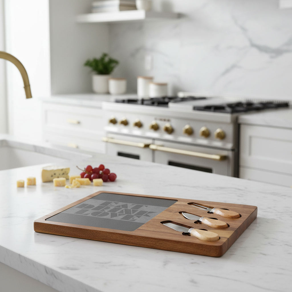 EAT DRINK LOVE Slate & Wood Charcuterie Board | Geometric Typography | Modern Kitchen Gift | CTEKDESIGNS