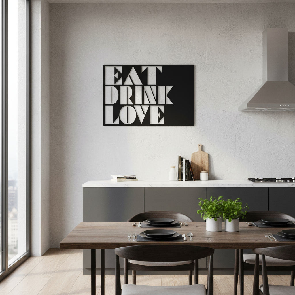 EAT DRINK LOVE Metal Print | Bold Geometric Kitchen Wall Art | Black & White Typography | CTEKDESIGNS