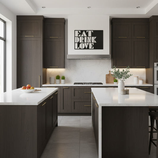 EAT DRINK LOVE Metal Print | Bold Geometric Kitchen Wall Art | Black & White Typography