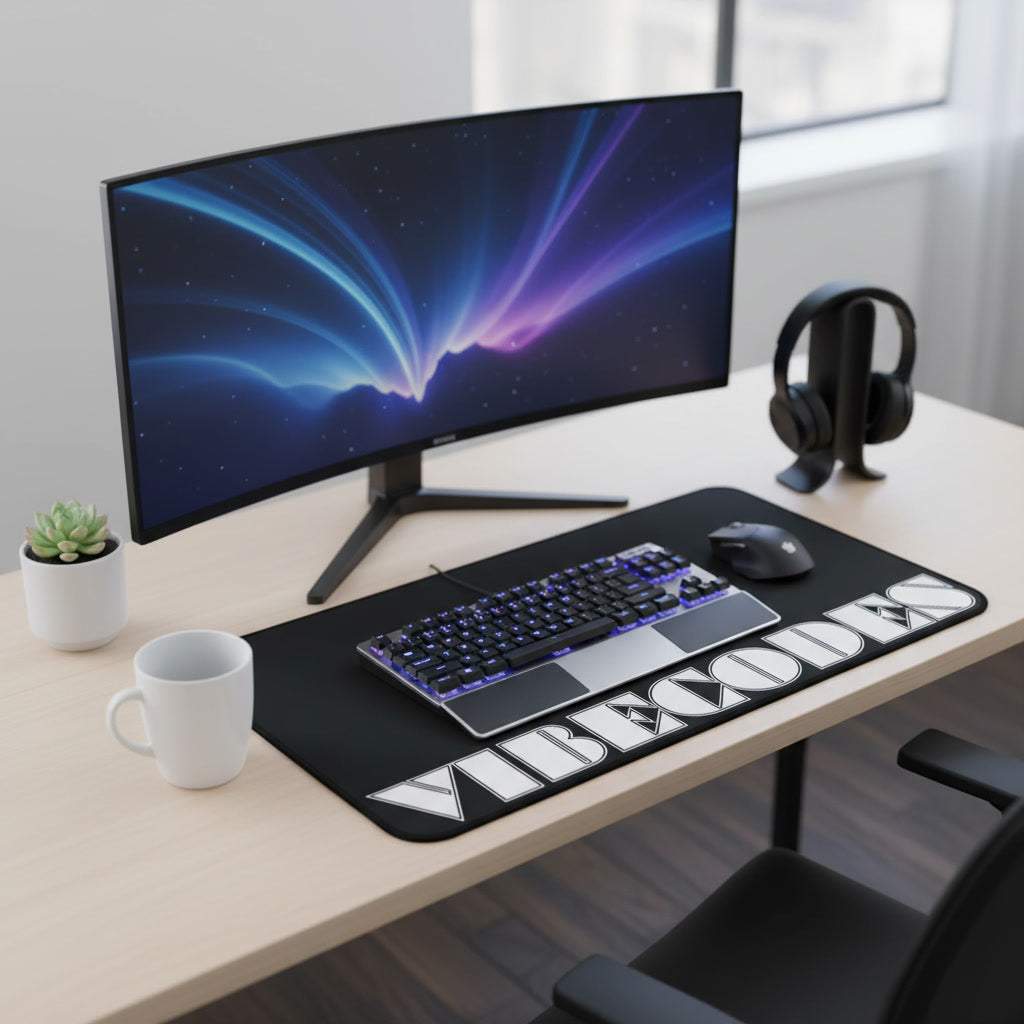 VIBECODES Black Desk Mat | Bold Geometric Typography | CTEKDESIGNS