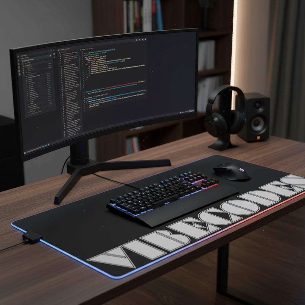 VIBECODES Black RGB LED Desk Mat | Gaming Desk Mat | CTEKDESIGNS
