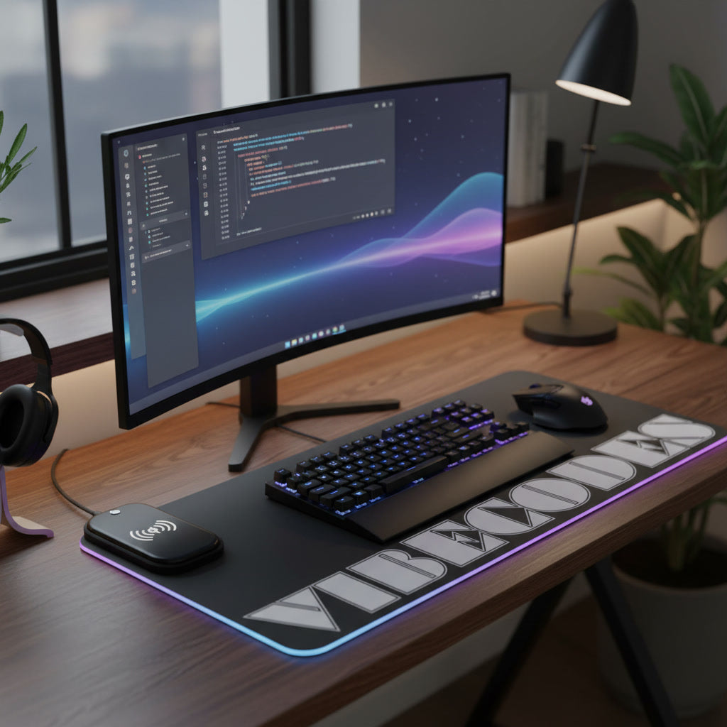VIBECODES Black LED Desk Mat | Wireless Charging | RGB Gaming Mousepad | CTEKDESIGNS