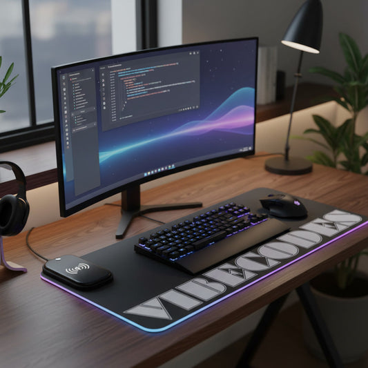 VIBECODES Black LED Desk Mat | Wireless Charging | RGB Gaming Mousepad | CTEKDESIGNS